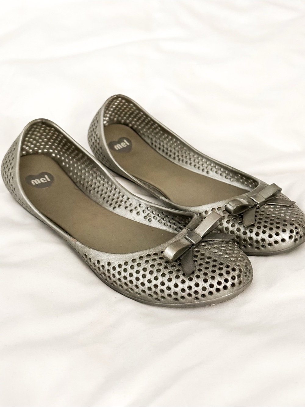 Melissa Mel Silver Perforated Ballet Flats with Bow | Comfortable Slip-On Shoes